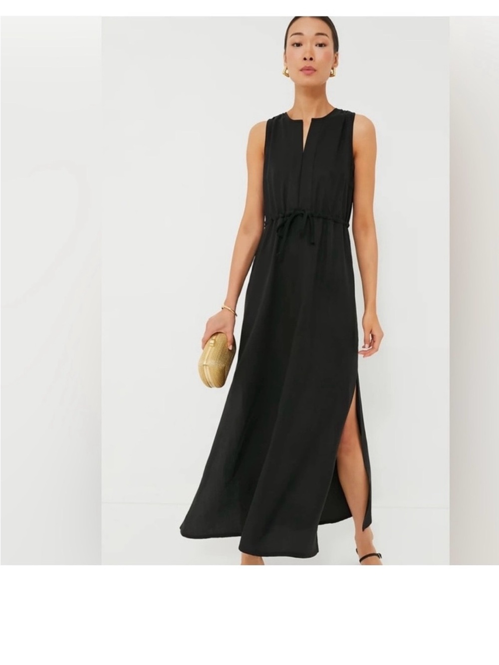Emerson Fry, Black Sleeveless Drawstring Maxi Dress